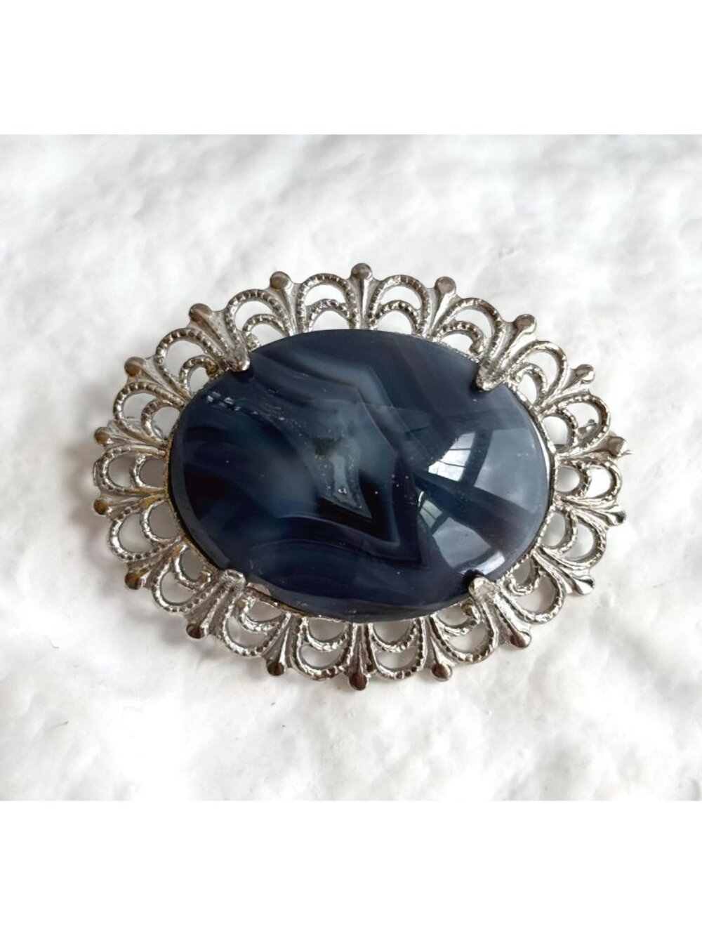 Blue Banded Agate Victorian Scalloped Sterling Silver 925 Vintage Brooch